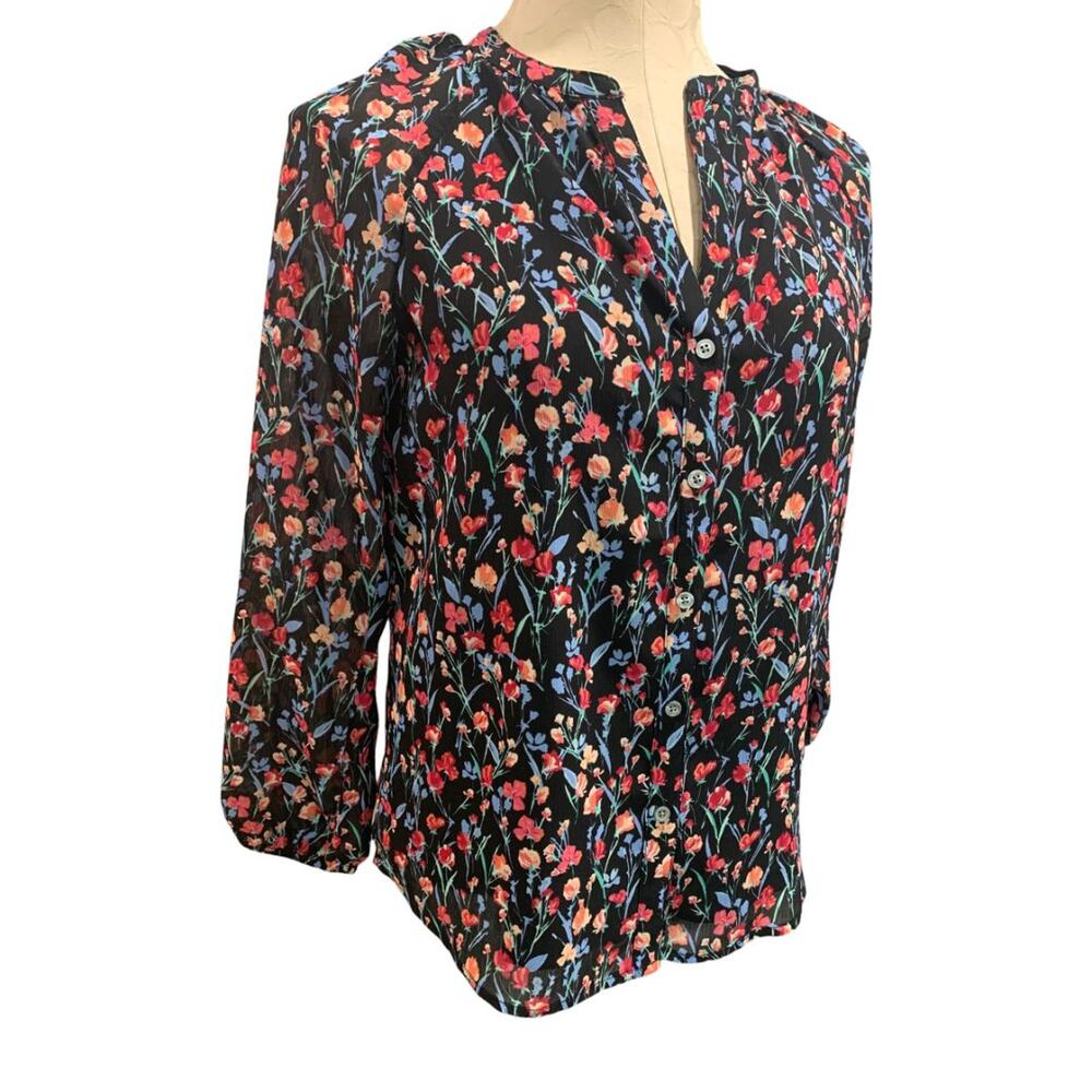 Size XXS J.Crew Womens Floral Raglan Button Up Blouse Black BA750